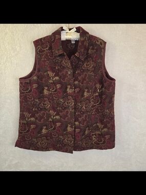 CJ Banks Vtg 90s Floral Tapestry Vest Burgundy Gold Cottagecore Grannycore Sz 1X
